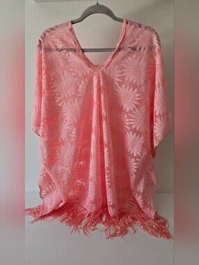 Pink Daisy Lace Fringe Swim Cover Up Poncho